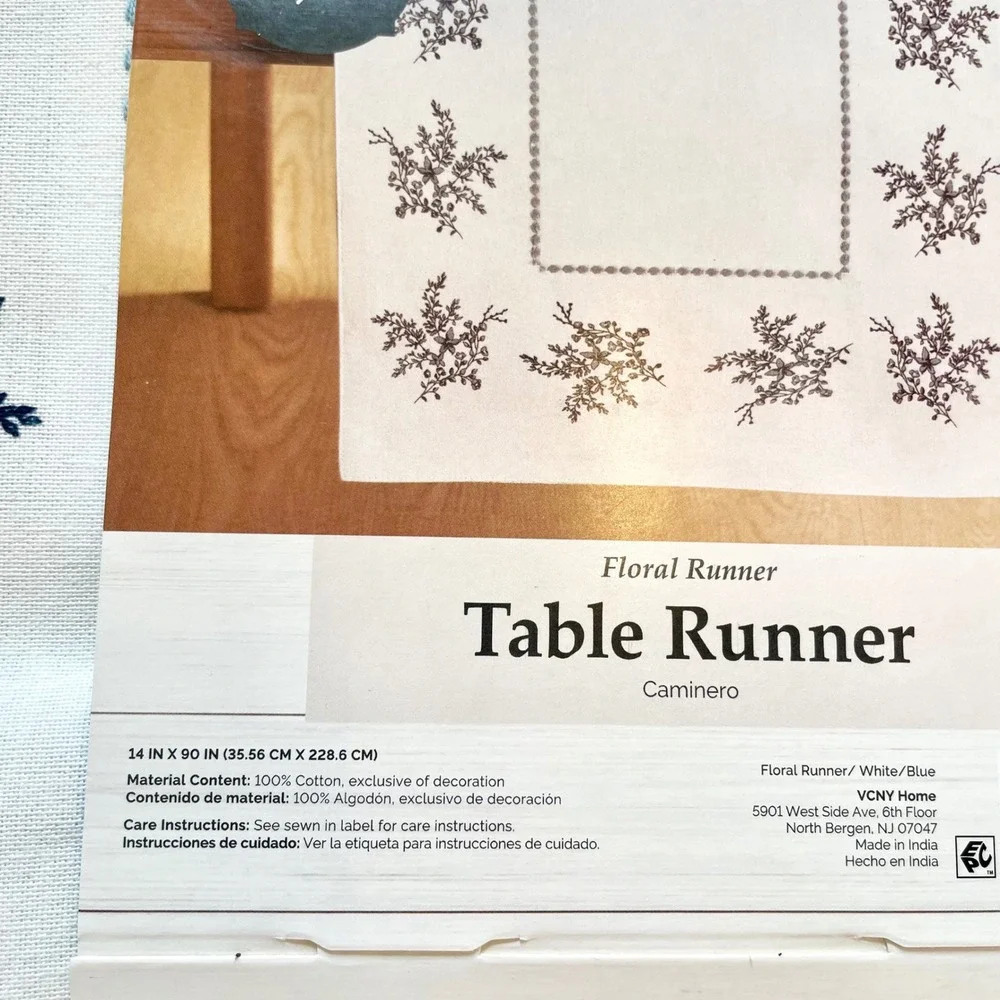 My Texas House Caminero Blue Floral Cotton Table Runner Reversible 14x90 New